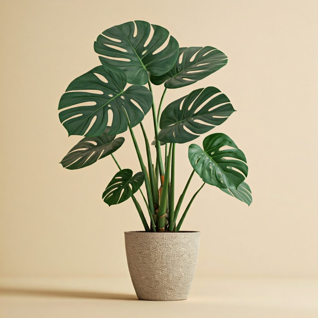 A monstera deliciosa plant in a beige pot.